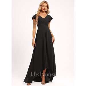 JJ's House Black V Neck High Low Chiffon Maxi Bridesmaid Mother of Bride Dress 8